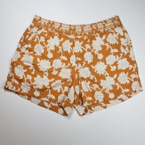 High Waist Floral Shorts - Orange and White Linen Blend